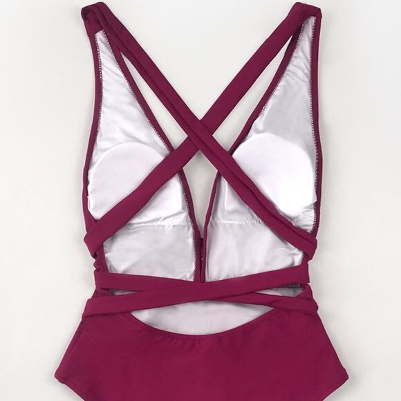 CUPSHE BURGUNDY PLUNGE V-NECK HALTER TIE WRAP STRAP CUTOUT SWIMSUIT SIZE XL NWT - Picture 3 of 11